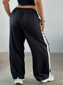 Flirla Plus Size Women's Fashionable Simple Loose Black & White Color Block Casual Pants Fall Cloth For Women