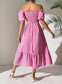 Chiquease Của phụ nữ Kẻ sọc Off Shoulder Đầm - Màu Hồng Tươi - Xem 2