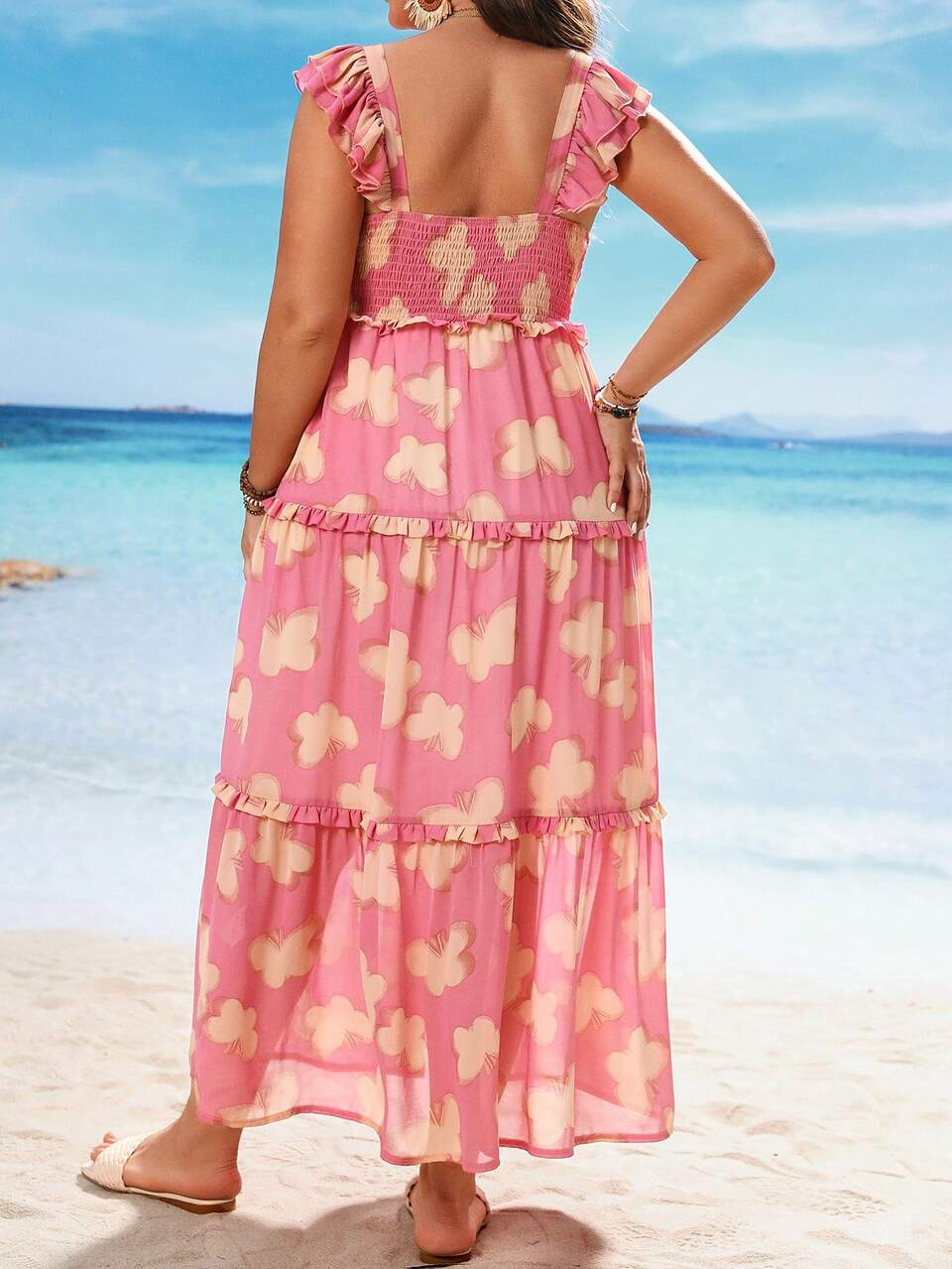 Plus Size Butterfly Printed Layered Vacation Style Square Neckline Sleeveless Dress For Summer