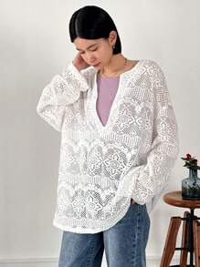 FRIFUL Women's Round Neck Solid Knitted Long Sleeve Top Sheer,Fall Women Clothes - White - View 4