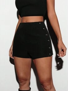 Aveloria Affinna Black Spicy Sexy One-Sided Metal Buckle Hidden Zipper Back Waist High Waist Slimming Shorts