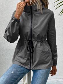 EMERY ROSE Hooded Zipper Drawstring Pocket Solid Color Long Sleeve Jacket Fall Winter Cloth For Women - Dark Grey - View 3