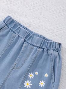 Tween-Mädchen Plaid Daisy Printed Puffärmel Shirt Mit Jeans Set Für Urlaub Und Lässig