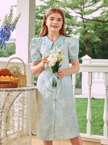 SHEIN Tween Girl Elegant Color Block Patchwork Jacquard Puff Sleeve Dress For Summer