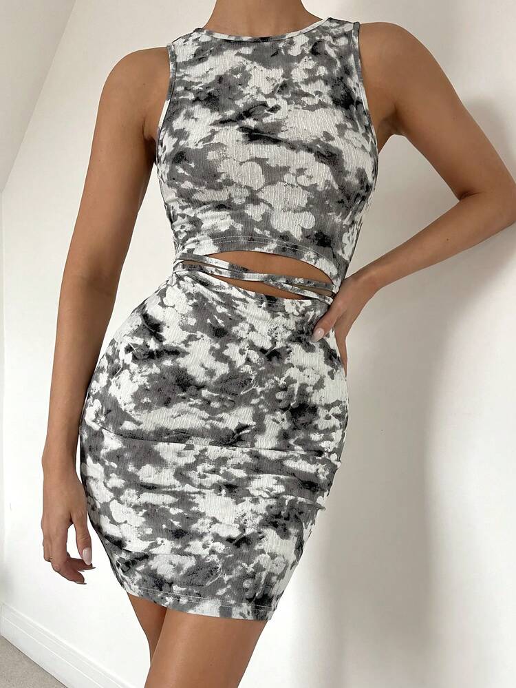 Women's Summer Casual Tie-Dye Printed Hollow Out Bodycon Mini Dress With Straps For Vacation