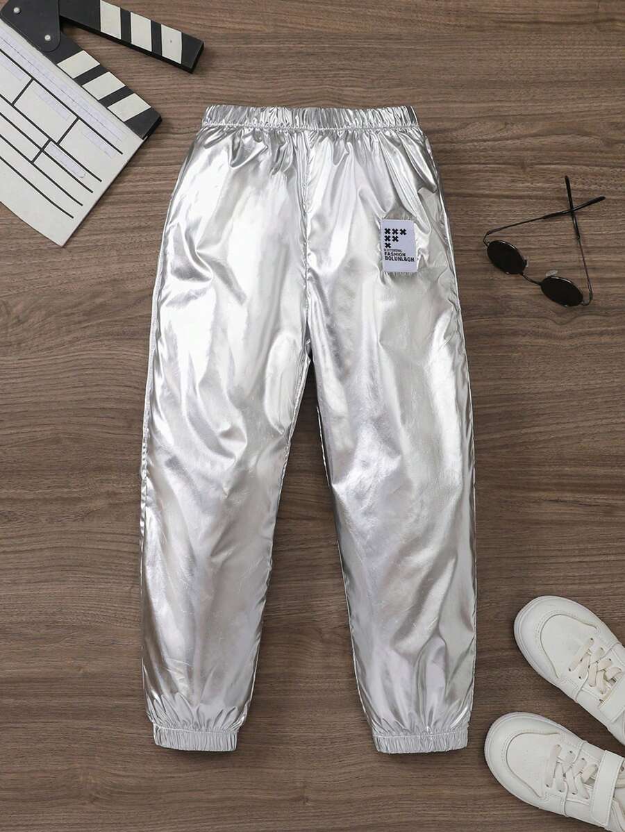 SHEIN Young Boy Metallic Cuff Long Pants, Suitable For Parties, Streetwear And Summer - Silver - View 1