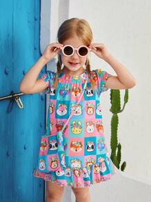 SHEIN 小女童卡通圖案荷葉邊連衣裙和配件包 - 彩色 - 查看 6
