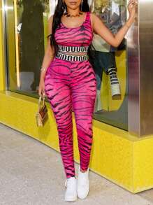 VaVaBold Random Zebra Striped Contrast Letter Tape Crop Top & Sports Leggings, Summer - Hot Pink - View 1