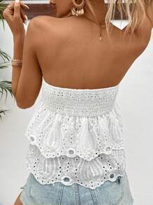 SHEIN Frenchy 夏季無肩帶上衣，度假風格蕾絲褶皺彈性胸衣，刺繡布料，法式風格 - 白色 - 查看 1