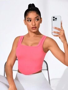 SHEIN Sports 女士 massugu 運動背心，純色緊身設計，寬肩帶，適合夏季 - 粉色 - 查看 4