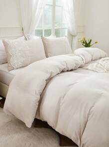 3pcs Beige Synthetic Polyester Bottom Surface With A Mesh Duvet Cover Kit - Beige - View 14