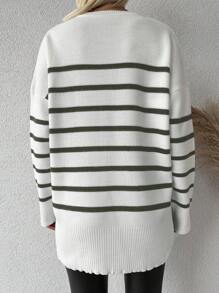 SHEIN Cottnline Women's Striped Loose Fit Drop Shoulder Sweater - Army Green - View 2