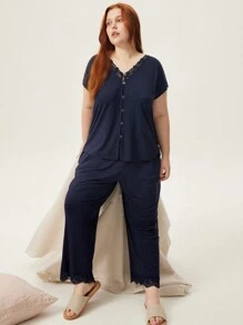LUVLETTE Women Dark Blue Plus TENCEL™ Modal Lace Short Sleeve Shirt & Pants Women Pajama Set Lounge Set Lingerie