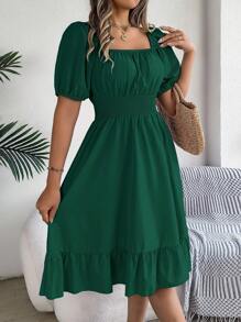 Spring/Summer Casual Vacation Puff Sleeve Drawstring Short Sleeve Floral Dress - màu xanh lá - Xem 4