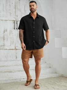 EASEVO 男士大碼編織休閒短袖襯衫 - 黑色 - 查看 3
