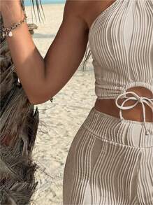 Swim Lushoire Ladies' Summer Beach Monochromatic Texture Tankini Set - Apricot - View 4