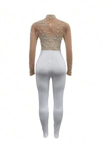 Solid Color Mesh Rhinestone Elegant Long Sleeve Long Pants Jumpsuit Birthday Party For Graduation, Dinner Festival Wedding Spring - Apricot - View 6