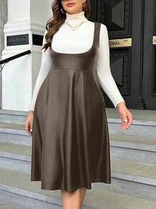 SHEIN Clasi Vestido sólido y sencillo de tamaño grande para mujer, ideal para uso diario - Albaricoque - Ver 4