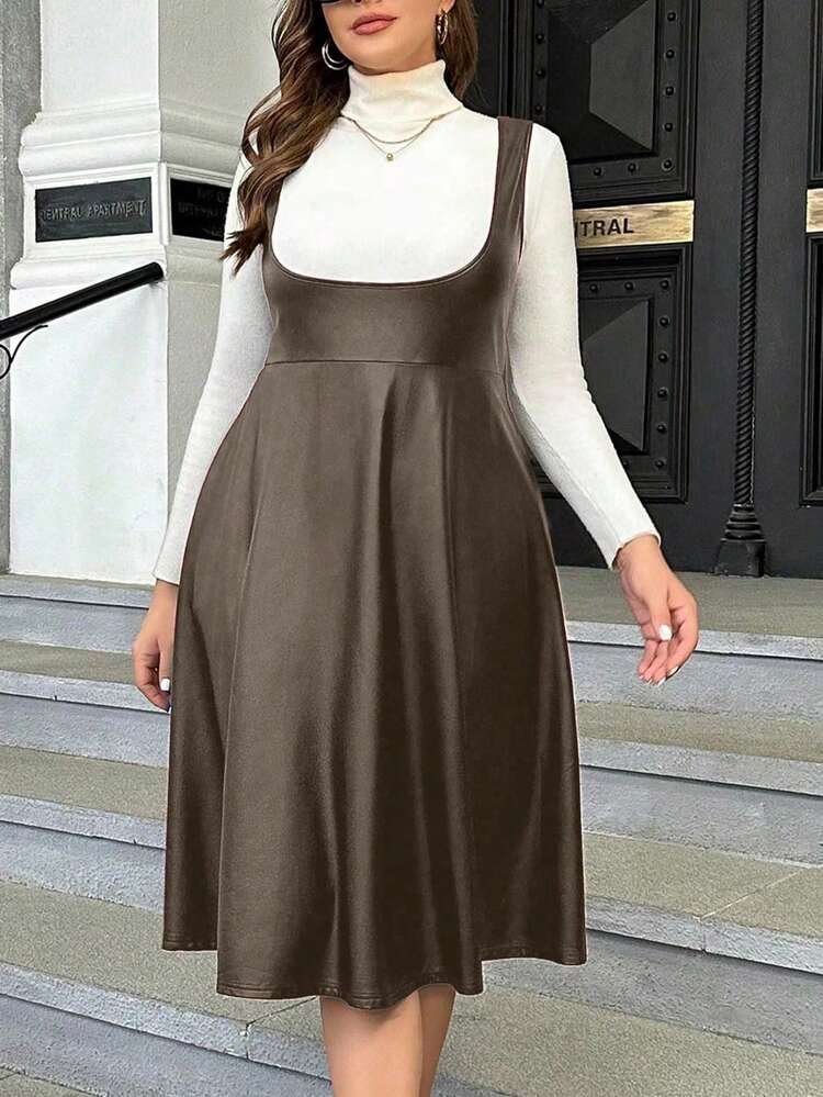 Plus Size Women's Simple Daily Solid Color Leather Dress
