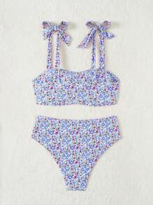 Swim Mod Plus Size Women Ditsy Floral Shoulder Knot Sexy Bikini Set For Vacation,Summer Beach
