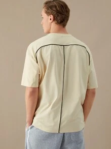 SWAVVY Loose-Fit Men's Letter Printed Knitted Casual T-Shirt - Apricot - View 2