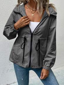 EMERY ROSE Hooded Zipper Drawstring Pocket Solid Color Long Sleeve Jacket Fall Winter Cloth For Women - Dark Grey - View 4