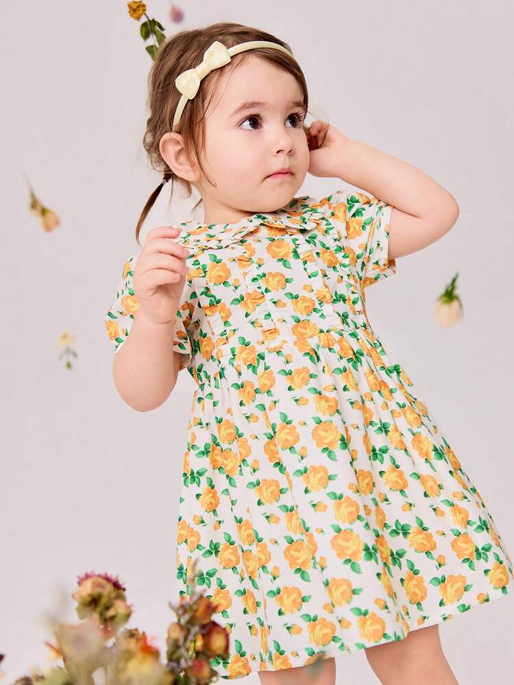 Baby Girls' Elegant Floral Pattern Dress For Spring And Summer