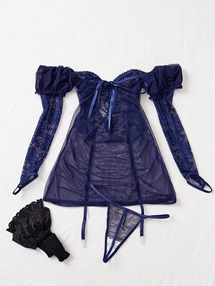 Valentine's Sexy Contrast Lace Off Shoulder Long Sleeve Lingerie Set For Women