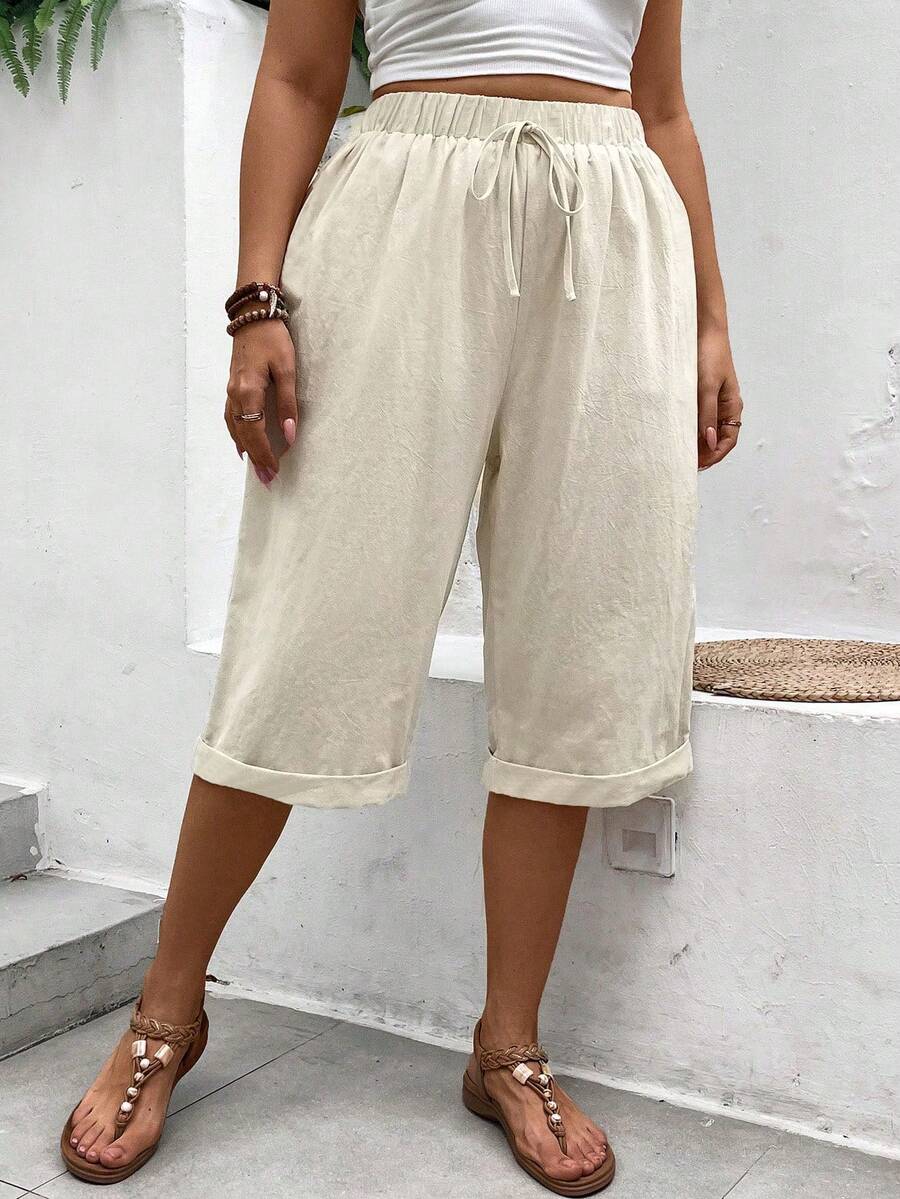 SHEIN LUNE Pantalones Capri de talla grande de unicolor, estilo de vacaciones, tejidos - Beis - Ver 1