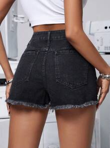 SHEIN PETITE Summer Casual Distressed Frayed Denim Shorts