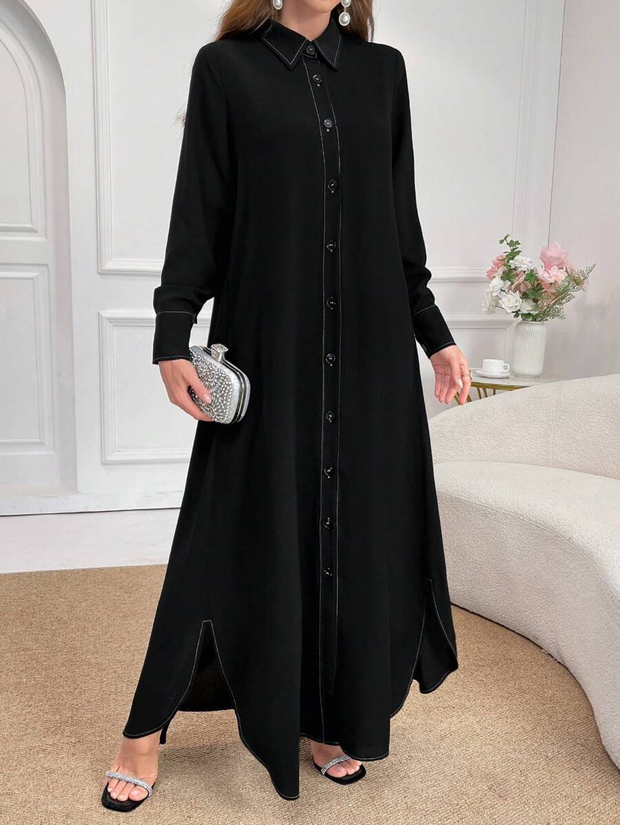 Al Najma Women's Casual Solid Color Long Split Modest Long Sleeve Arabian Abaya Dress, Everyday Fashion - Black - View 1
