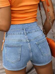 Women High Waist Elegant Button Front Denim Shorts - Blue - View 2