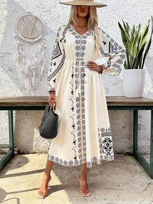 Breezaya Vestido largo elegante y encantador con manga larga y cinturón en la cintura - Albaricoque - Ver 3