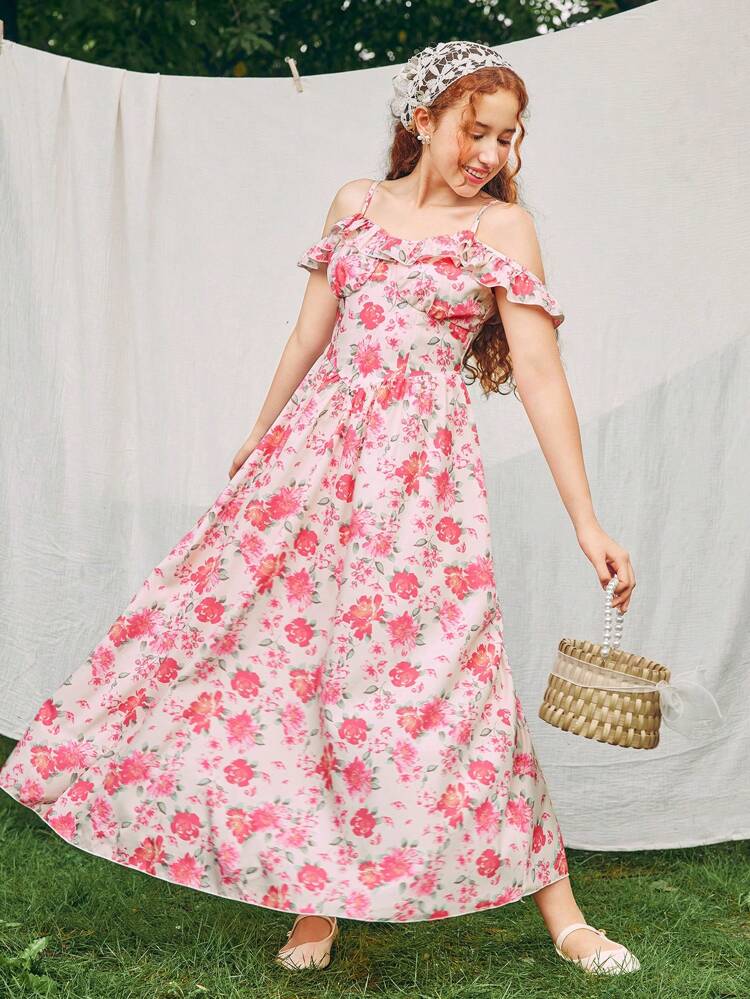 Teen Girl Casual Elegant Floral Off Shoulder Ruffle Hem Swing Dress For Holiday