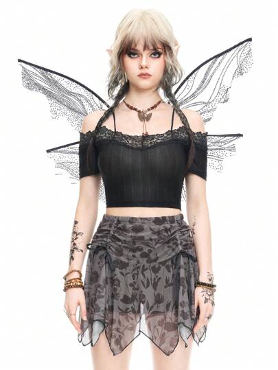 Fairycore T-shirt ajusté pour femme avec encolure dégagée à épaules dénudées et volants avec bordure en dentelle