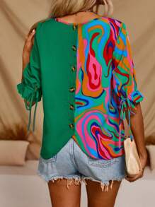 SHEIN LUNE Camisa casual para mujer con botones en la espalda y mangas con ribetes de volantes con estampado aleatorio y parches - Verde - Ver 5