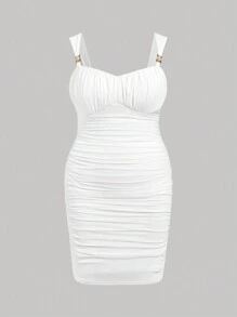 SHEIN MOD Plus Size Summer White Mesh Ruched Spaghetti Strap Dress With Metal Decoration, Summer Holiday Style,Birthday Dresses For Women - White - View 1