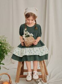 SHEIN 圓領泡袖麻布拼花印花少女連衣裙，帶有提包肩帶設計 - 墨綠色 - 查看 5