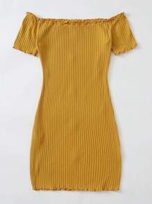 SHEIN Unity Vestido de hombros descubiertos de borde en forma de lechuga con botón delantero - Mostaza Amarilla - Ver 2