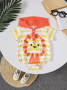 嬰兒男孩可愛獅印花短袖連帽爬服，夏季用 - 橘色 - 查看 1