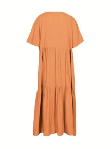 Summer Plus Size Casual Loose V Neck Solid Color Dress For Women - trái cam - Xem 2
