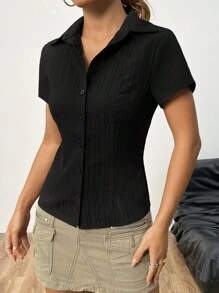 StreetHx 女士純色肋紋修身短袖鈕扣前衣，適用於夏季 - 黑色 - 查看 1