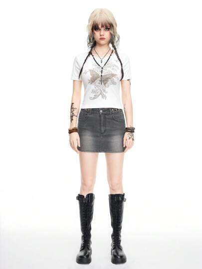 Hippie Women's Summer Leopard Splice Slit Slim Fit Denim Skirt