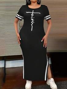 SHEIN LUNE Đầm dài vừa vặn tay ngắn cổ tròn in họa tiết khối màu thanh lịch cho nữ cỡ lớn, trang phục maxi mùa hè cho nữ - màu đen - Xem 5