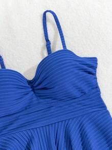 SHEIN Swim Women's Summer Holiday Solid Color Ruffle Hem Tankini With Triangle Briefs Bikini Swimwear Set,Summer Beach - Royal Blue - View 5