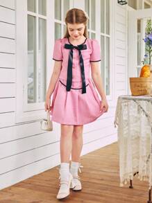 SHEIN 少女色塊短袖上衣及裙子套裝，配有蝴蝶結裝飾 - 彩色 - 查看 3