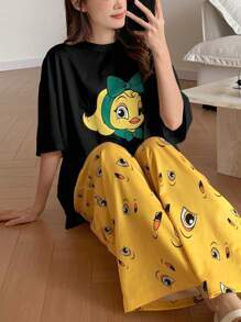 DAZY Cute Cartoon Printed Loose Casual Summer T-Shirt And Pants Pajama Set