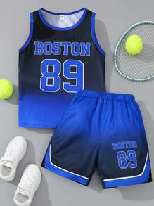 Two-Piece Loose And Breathable Tween Boy Sports Top And Shorts Set With Gradient Letter And Number Patterns - Blue - View 1