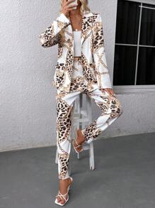 EMERY ROSE Women's Leopard Chain Print Suit Set, Casual Blazer And Pants