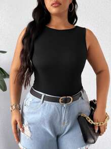 Elenzga Áo cổ tròn vừa vặn màu trơn mùa hè dành cho nữ cỡ lớn - màu đen - Xem 5